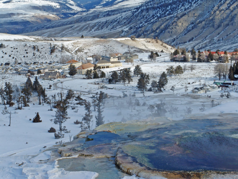 Imagen de paisaje invernal de Yellowstone con un fresco manto de nieve.  Hay muchas cosas geniales que hacer en Yellowstone en invierno que no se pueden hacer en ninguna otra época del año.