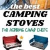 Gráfico de Pinterest con lectura superpuesta de texto "las mejores estufas de camping para aspirantes a chefs de campamento"